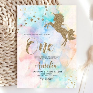 Unicorn Rainbow Birthday Invitation Pastel Birthday Invitation Magical Cloud Invite Colorful Watercolor Invite Glitter Sprinkle Invite u276