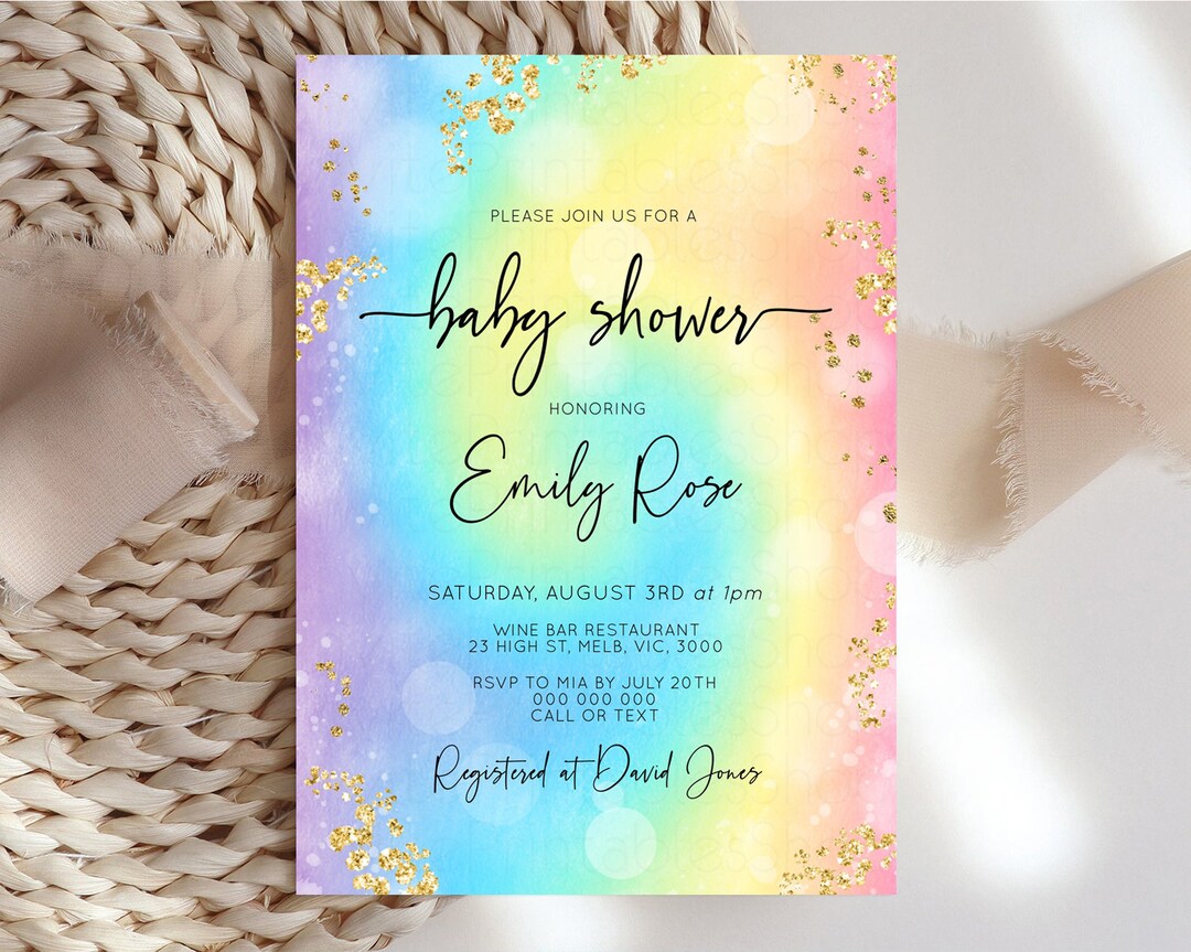 Rainbow Baby Shower Invitation Watercolor Pastel Invitation Etsy