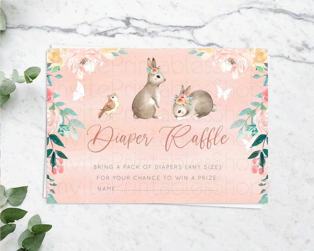 Peta Leaping Rabbit Raffle Bunny Diaper Raffle Card Floral Bunny Diaper Raffle Insert Pastel ...