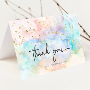 Pastel Rainbow Gracias Colorida Acuarela Tarjetas de regalo plegadas Nota personalizada Mensaje Glitter Cumpleaños Comprometido Baby Shower Invitados a la boda 276v3