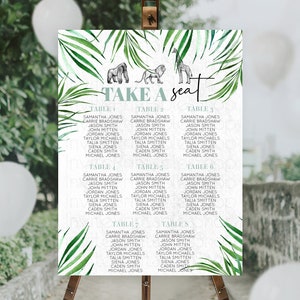 Safari Seating Chart Lion Gorilla Elephant Rhino Tropical Palm Décor Jungle Safari Adventure Zoo Take A Seat Sign D10853