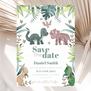 Dinosaur Save The Date Template Dinosaur Volcano Watercolor Volcano T-Rex Raptor Jurassic Party 1st Birthday Baptism Baby Shower D10597