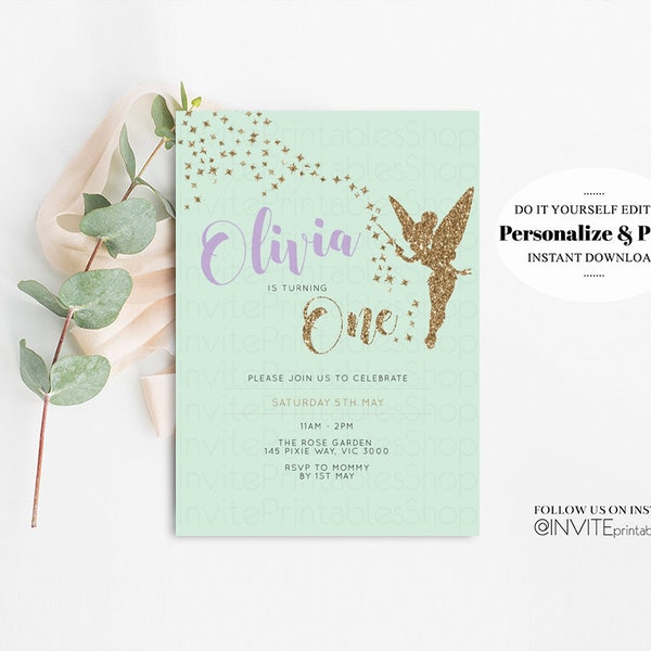 Fairy Birthday Invitation, Gold Glitter Invitation, Tinker Bell Invites, Fairy Invite, Gold Glitter, Green Purple, Fairy Tinker Bell, Pastel