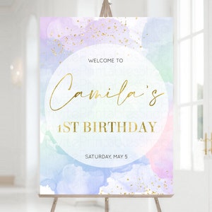 Rainbow Welcome Sign Pastel Watercolor Welcome Board Gold Glitter Confetti Colorful Splash Party Entry Sign 1st Birthday Poster 599v2