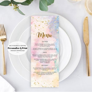 Rainbow Menu Pastel Aquarel Tafelmenu Kleurrijk Splash Tafeldecor Kleurrijke Verf Aangepast Menu Goudfolie Glitter Splatter Hagelslag 276
