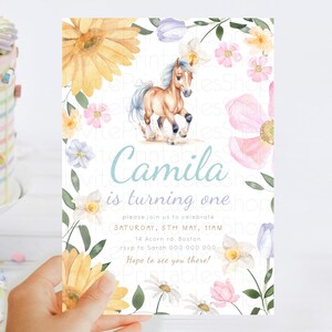 Horse Birthday Invitation, Galloping Wildflower Fields, Pastel Flowers, Butterflies, Flowers Accents for Equestrian & Cowgirls d23380