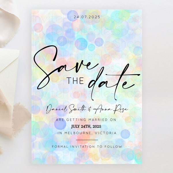 Pastel Bubbles Save The Date Template Bubble Bath Party Rainbow Colorful Confetti Sprinkles 1st Birthday Baby Shower Baptism Wedding D10446