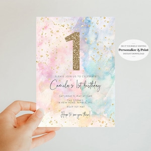Convite de aniversário arco-íris colorido aquarela ouro glitter granulado convite pastel 1º 2º 3º convite editável para impressão 276