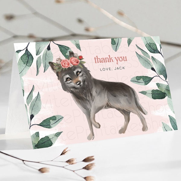 Wolf Thank You Wolf Thank You Card Pastel Floral Wolf Birthday Thank You Card Forest Wolf Party Décor Wolf Birthday Thank You Cards D10535