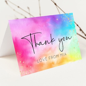 Pastel Rainbow Gracias Colorida Acuarela Tarjetas de regalo plegadas Nota personalizada Mensaje Glitter Cumpleaños Comprometido Baby Shower Invitados a la boda 509