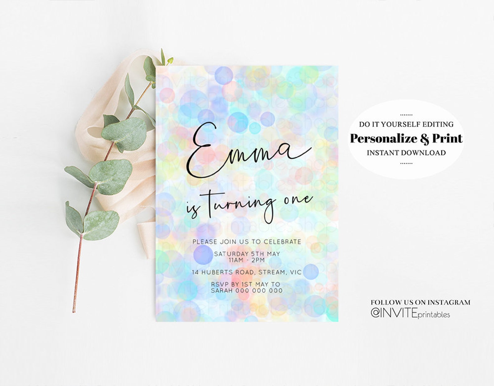 Colorful Birthday Invitation Pastel Rainbow Invite Confetti Etsy