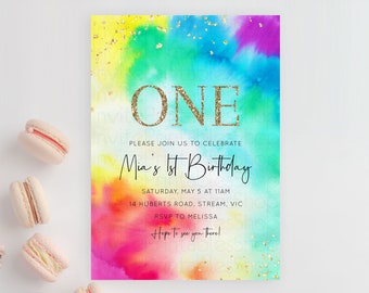 Tie Dye Invitation Rainbow Birthday Invitation Pastel Invitation Colorful Invitation Pastel Rainbow Party 3rd 2nd 1st First Birthday D10462