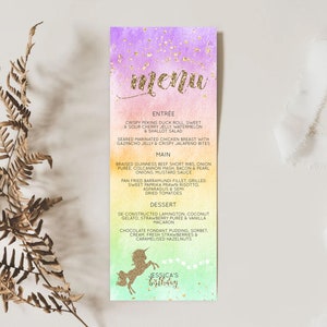 Unicorn Rainbow Menu Template Pastel Unicorn Menu Magical Ombre Unicorn Table Decor Colorful Watercolor Dinner Dessert Food Menu D10513