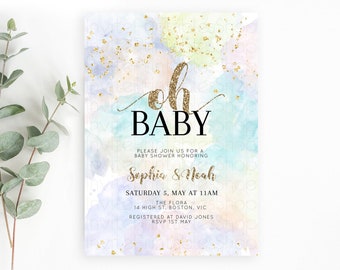 Pastel Baby Shower Invitation Rainbow Baby Shower Invitation Colorful Pastel Watercolor Invitation Gold Glitter Sprinkles Ombre D10614
