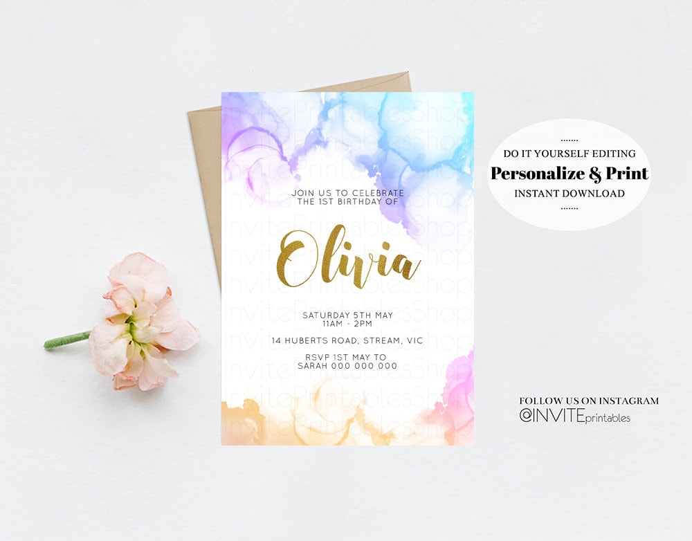 Pastel Birthday Invitation Colorful Rainbow Invite Watercolor Etsy