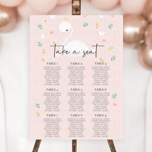 Swan Seating Chart Swan Princess Ballet Seating Sign Watercolour Pastel Floral Enchanted Forest Swan Lake Party Decor Secret Garden D10388