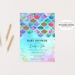Mermaid Baby Shower Invitation Pastel Rainbow Baby Invite Under the Sea Colorful Watercolor Baby Shower Invite Glitter Sprinkles Invite 574