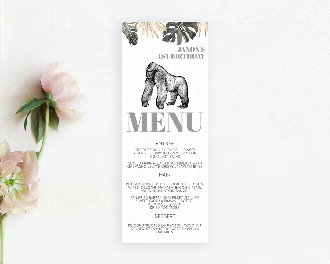 Gorilla Menu Gorilla Menu Template Gorilla Table Decor Safari Forest
