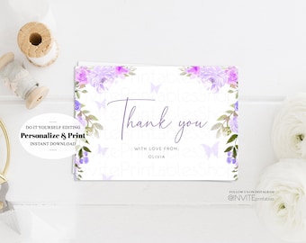 Floral Thank You Card Watercolor Purple Butterflies Flowers Modern Custom Message Birthday Baby Shower Flat Postcard Printable Template