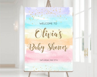 Panneau de bienvenue arc-en-ciel Panneau de baby shower pastel aquarelle coloré Panneau de bienvenue de baby shower aquarelle pastel ombré Panneau de bienvenue pastel paillettes de bienvenue 525