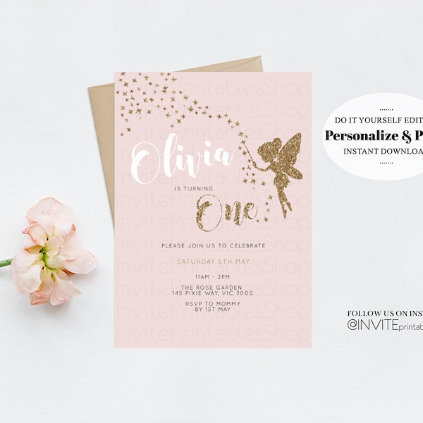 Fairy Birthday Invitation Gold Glitter Invitation Tinker Bell Invites Fairy Invite Gold Glitter Pink, Fairy TinkerBell Pastel Invitation