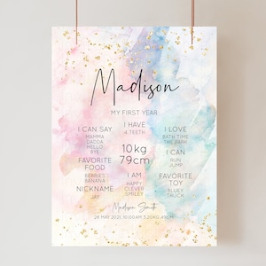 Pastel First Birthday Milestone Board Pastel Rainbow Milestone Poster Watercolor Glitter One Year Poster Colorful Splash Baby 1st Year 276