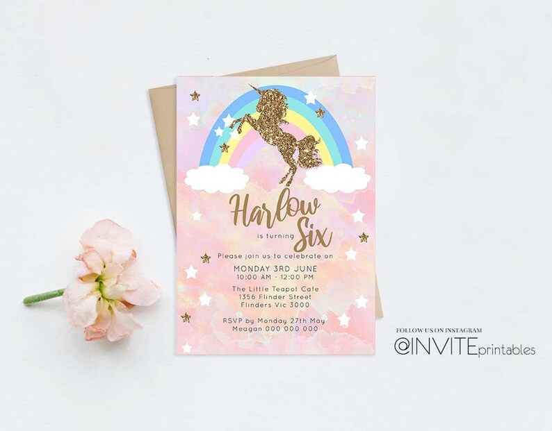 Unicorn Birthday Invitations Unicorn Invites Glitter Invitation Unicorn Horse Silver Glitter Rainbow Watercolour Watermark Girl Boy Invite