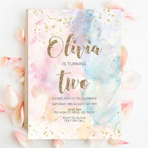 Rainbow Birthday Invitation Glitter Pastel Invitation Colorful Watercolor Gold Foil Splatter Sprinkles Ombre 1st 2nd 3rd Editable Invite 276