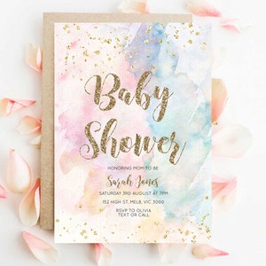 Rainbow Baby Shower Invitation Pastel Watercolor Invitation Colorful Splash Gold Splatter Glitter Foil Sprinkles Confetti Editable D10264