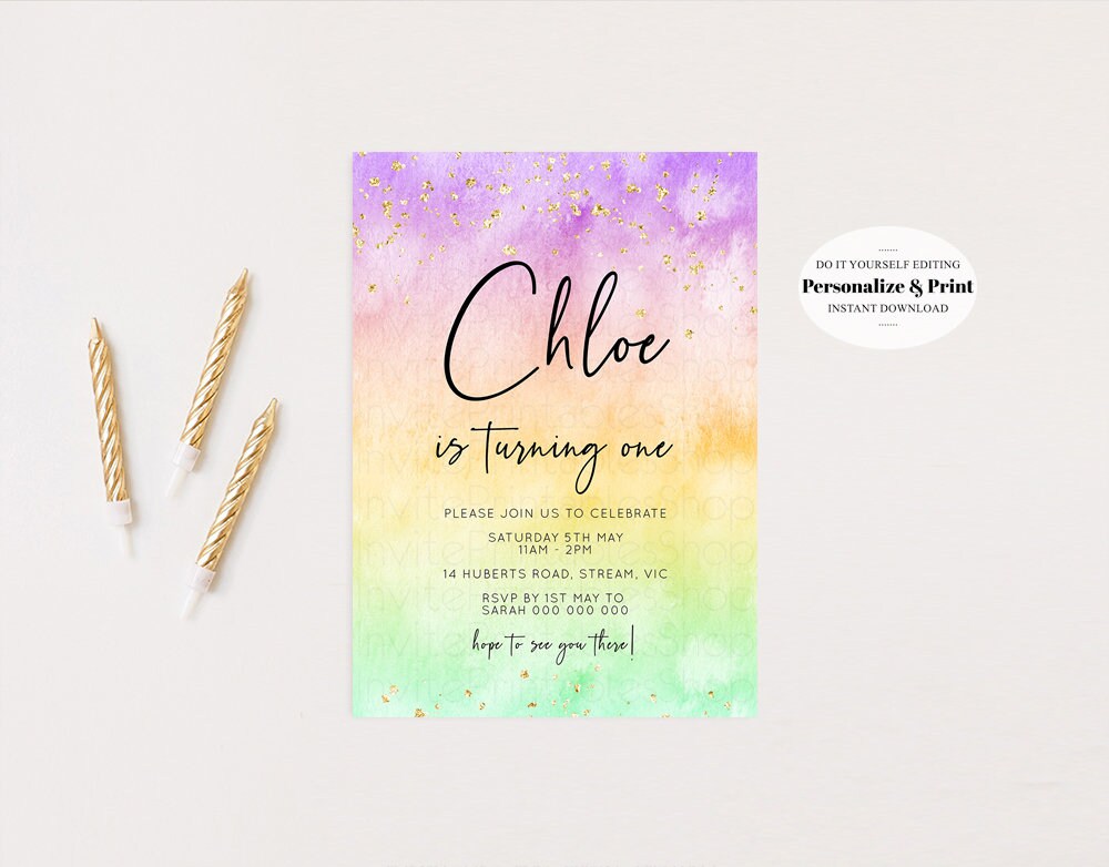 Rainbow Birthday Invitation Pastel Birthday Invitation Etsy