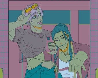 May include: Digital illustration of two people taking a selfie in a bathroom mirror. One person holds up heart-shaped sunglasses, while the other holds the phone. The bathroom has a pink and teal color scheme.