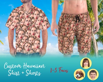 Aangepaste gezichtfoto Hawaiiaans shirt en shorts - All-over print Aangepaste gezichtkopie Hawaiiaans shirt + shorts - Beste bijpassende zomerkledingset voor heren