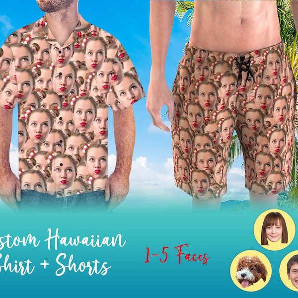 Chemise et short hawaïens avec photo de visage personnalisée - Chemise et short hawaïens personnalisés avec copie de visage - Meilleur ensemble de vêtements d'été assortis pour homme