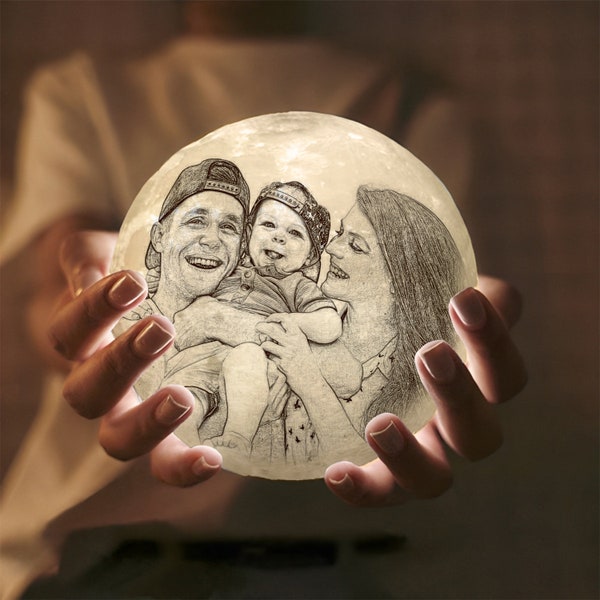 Custom 3D Photo Moon Lamp w/ Touch+Tap Switch for Family (10-20cm) | Personalized Moon Lamp w/ Photo & Engraved Text | Best Home Decor Gifts