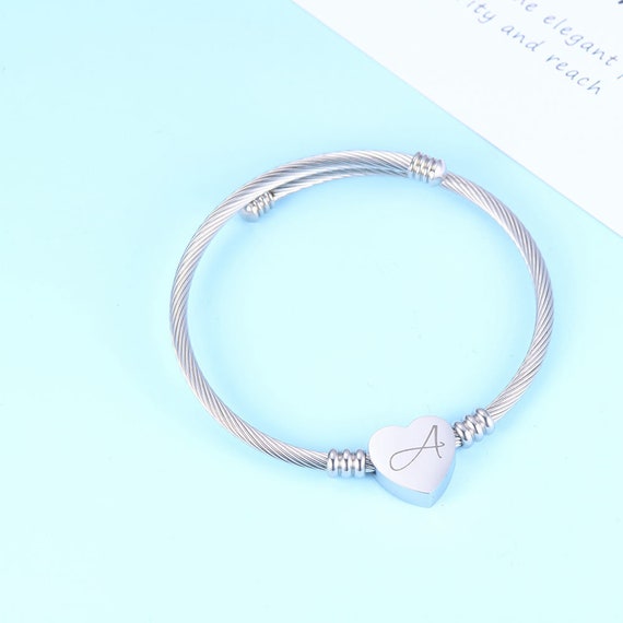 Solid Stainless Steel Heart Cable Initial Bracelet - Letters A-Z You Are So Beautiful