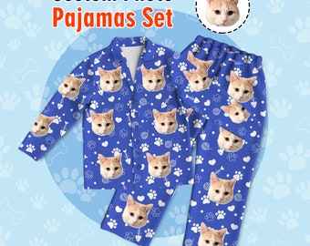 Custom Photo Face Long Sleeves Pajamas Set for Women or Men - Personalized Pet Face Unisex Pajamas -Cat Face-Best Christmas Gift for Family