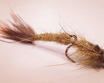 May include: A brown and tan fly fishing lure with a long tail of feathers.