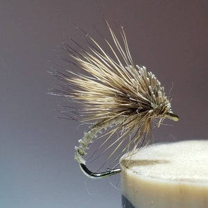 May include: A brown and white fly fishing lure with a silver hook.