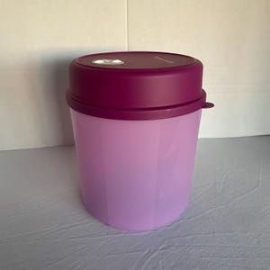 May include: A purple and lavender plastic container with a white lid. The container has a textured surface and a rounded shape.
