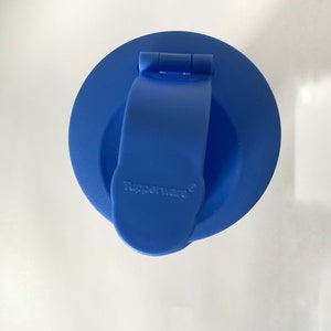 May include: Blue plastic lid with a hinged handle and the word "Tupperware" printed on it.