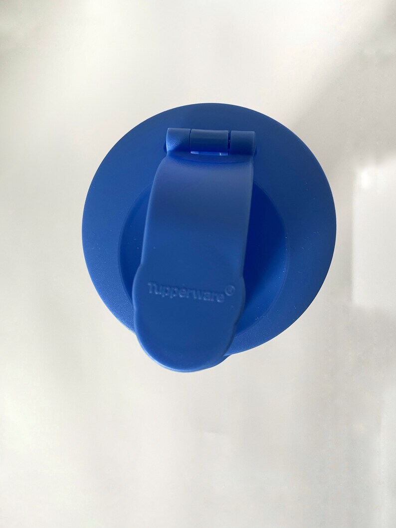 May include: Blue plastic lid with a hinged handle and the word "Tupperware" printed on it.