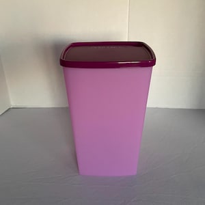 May include: A purple plastic container with a square shape and a purple lid. The container is empty.