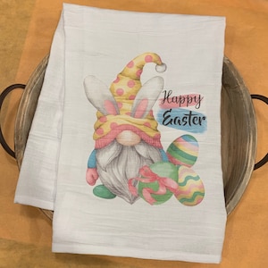 Easter gift, Happy Easter Gnome,  Easter Flour Sack Towel Happy Easter Bunny Kitchen Towel, kitchen Decoration
