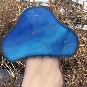 Swirl Blue and White mushroom with Swarovski Crystal accents stained glass plant stake fairy garden