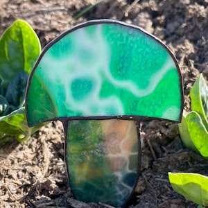 Mottled Green mushroom stained glass plant stake fairy garden plant buddy