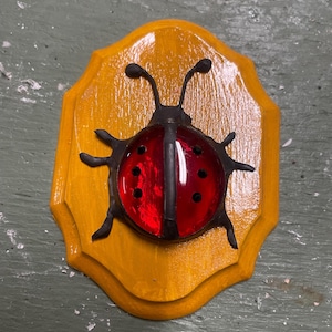以下が含まれることがあります： てんとう虫の壁飾り。てんとう虫は、黒い斑点のある赤い体と、黒い頭と脚をしています。 扇形の縁が付いた黄色の木製プラークに取り付けられています。 背景はくすんだ緑色です。