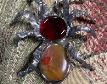 Jasper and Red Glass Tarantula Spider Sculpture Bug Insect Halloween Home Office Decor