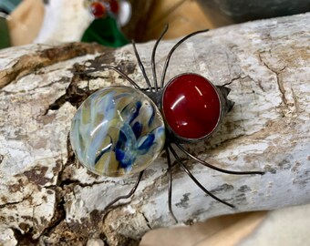 Red & Multicolored Marble Glass Spider Sculpture bug arachnid Home Office Decor WV Swirl Marble ooak