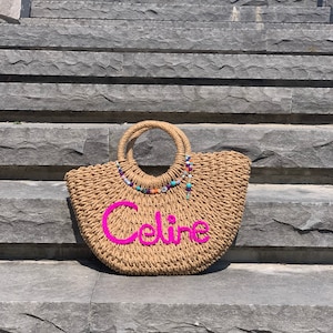 Personalized Bridesmaid Beach Bag-Hand Woven Bag-Monogrammed Beach Bag-beaded-Straw Beach Bag-Tote Bag-Embroidered Bags-Valentines Gift