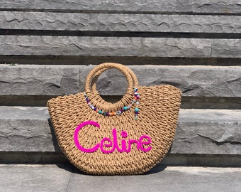 Monogrammed Straw Beach Bag, Handwoven Personalized Tote, Valentine’s Gift